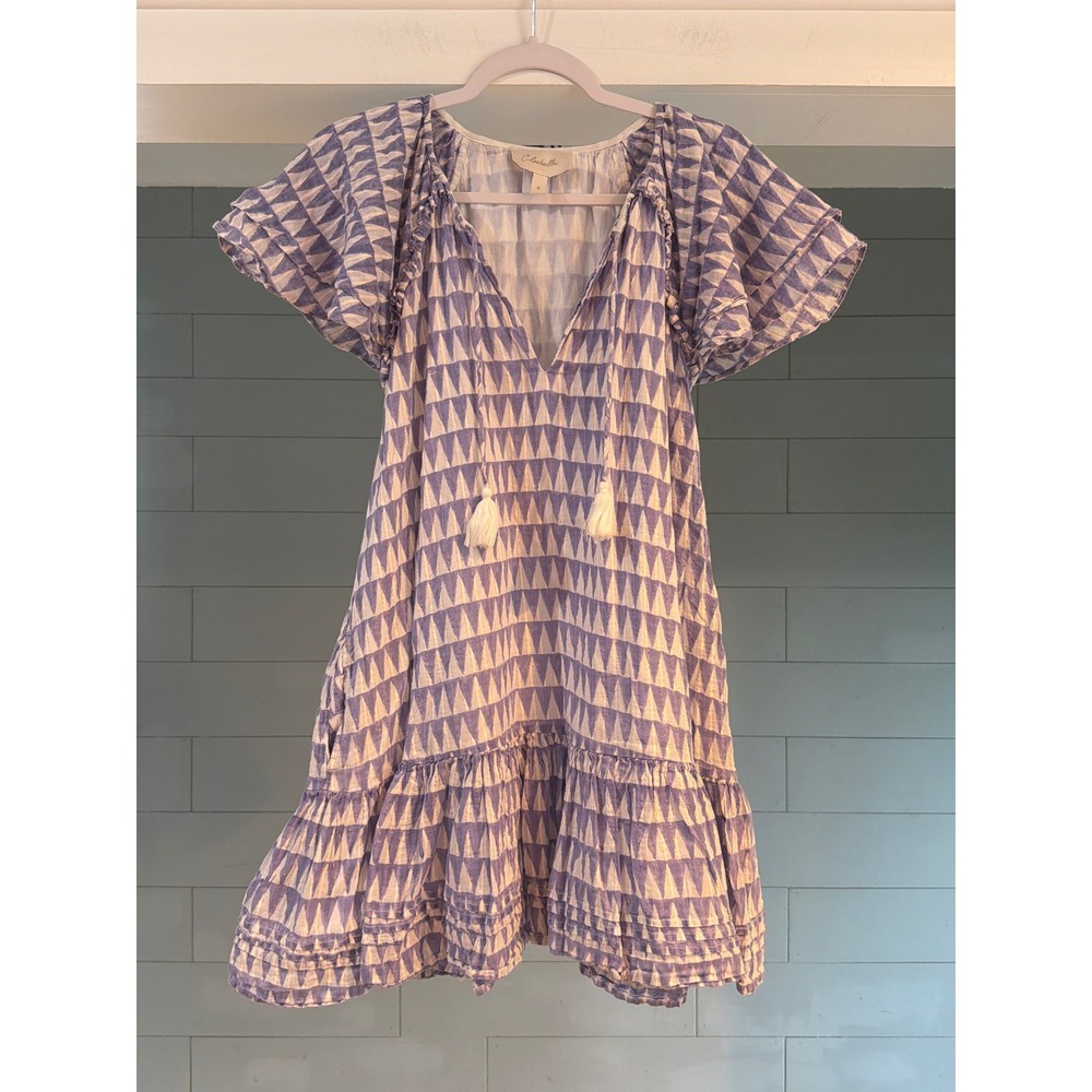 Cleobella Organic Cotton Lurex Geometric Mini Dress Purple White Tassel S